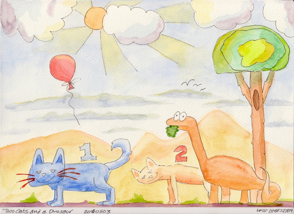 Two Cats and a Dinosaur go for a walk
